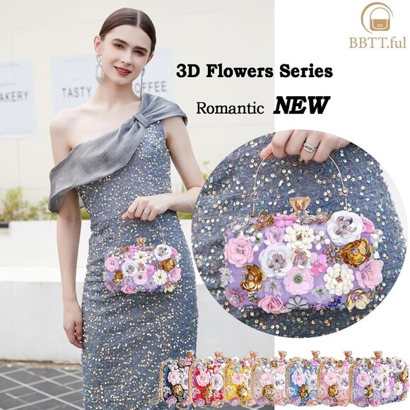 Purple Multicolored 3D Flower Clutch Handbag with Chain Strap for Evening, Weddi - Picture 3 of 7